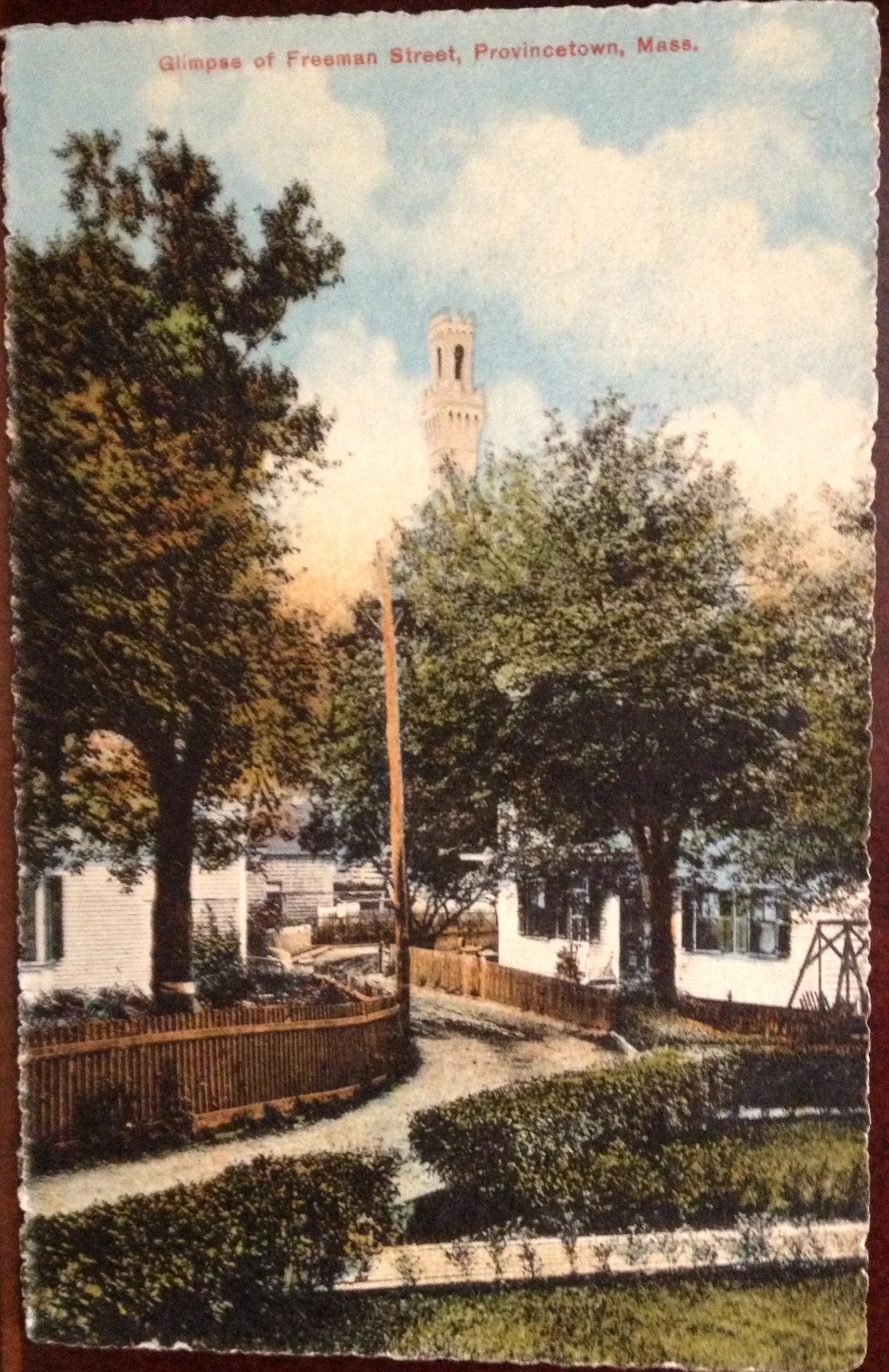 Freeman Street, Provincetown with the Pilgrim Monument in the background. Postcard circa 1900.