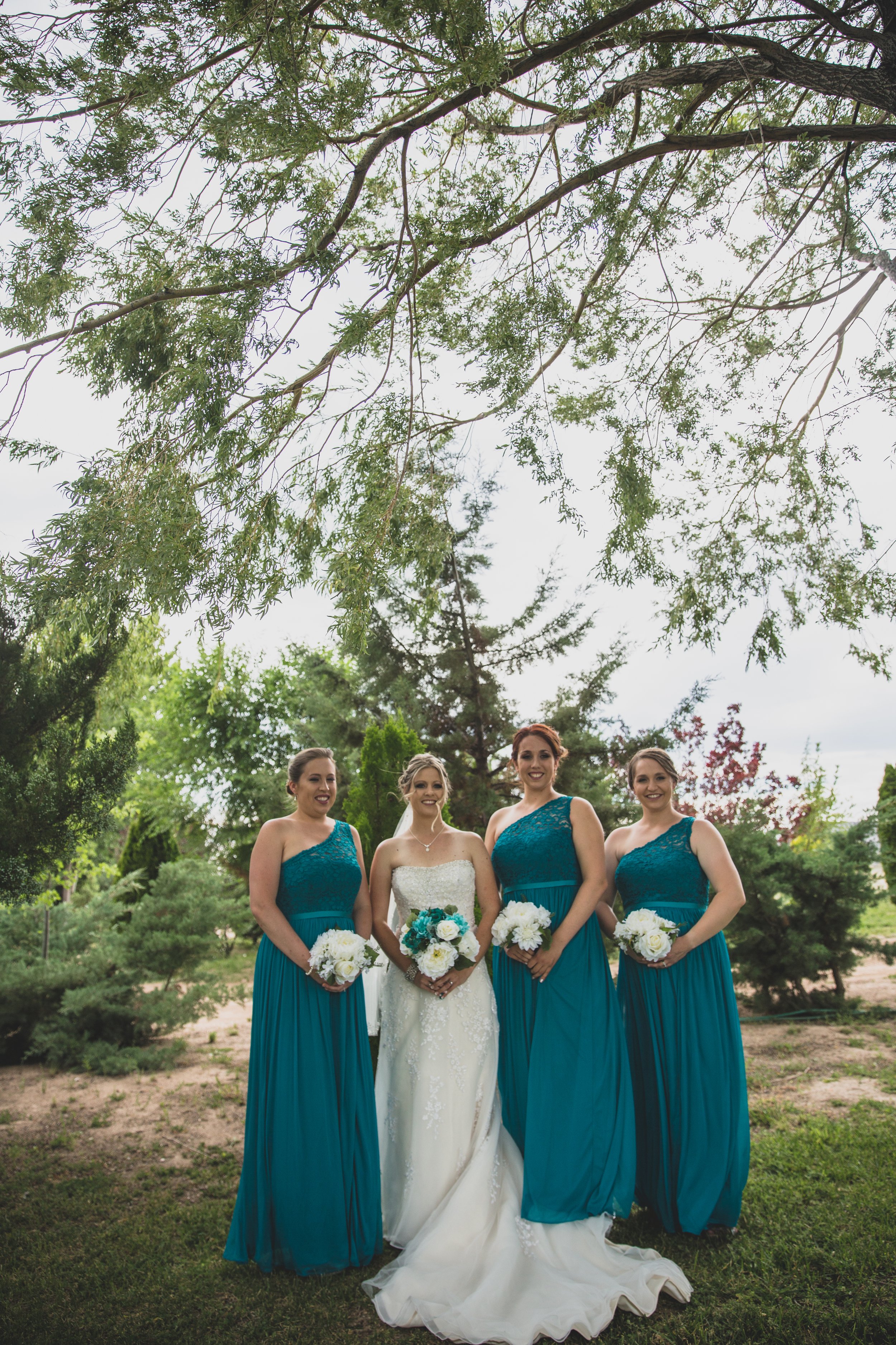  Teal Dresses and Bridal party at Arizona wedding by Northern Arizona Wedding Photographer, Jennifer Lind Schutsky.  