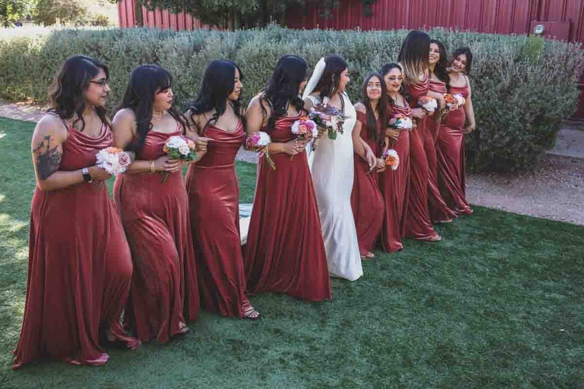  Bridesmaids at Mexican Cowboy / Vaquero Farm Wedding at the Big Red Barn wedding at Schnepf Farms in Queen Creek, Arizona by Arizona based Photographer, Jennifer Lind Schutsky. 