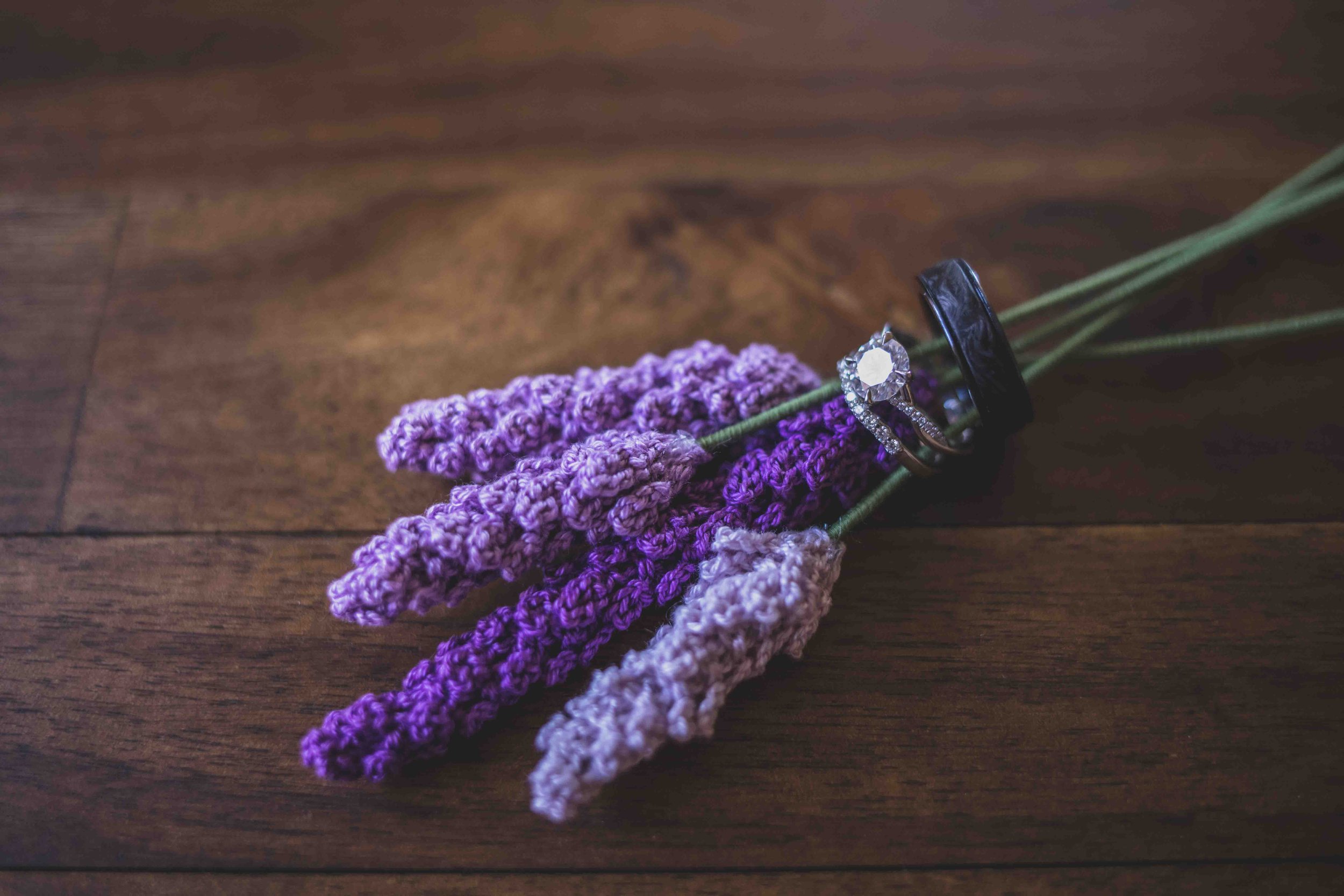  Detail of Wedding Rings and Lavender flowers crocheted by Bride by Gilbert Wedding Photographer Jennifer Lind Schutsky 