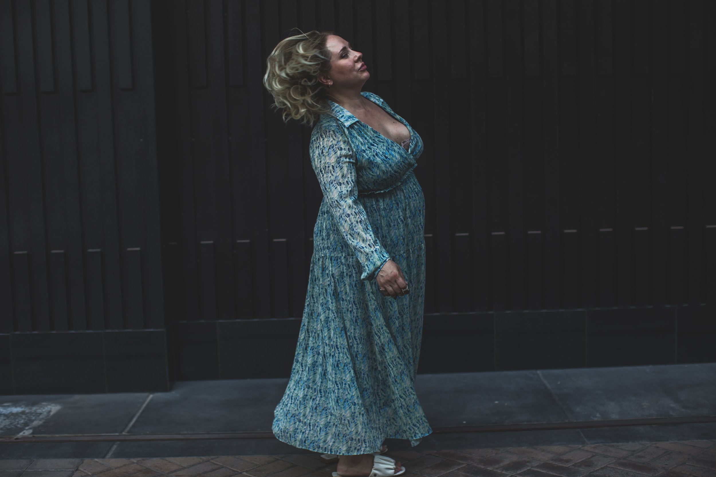 Woman poses in long blue dress for the #portraitproject by Creative Phoenix Photographer; Jennifer Lind Schutsky.
