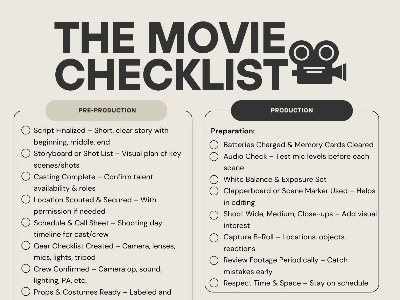 The movie checklist for beginning videographers and short film makers