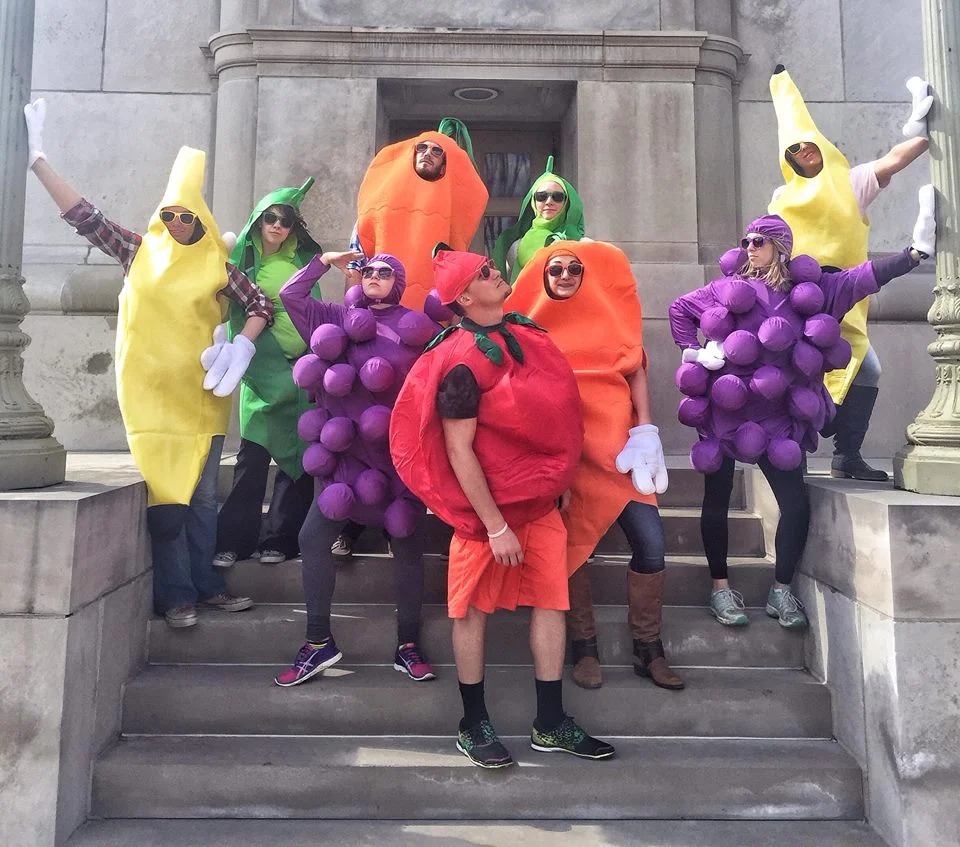 Some healthy eating activists dressed as fruit.
