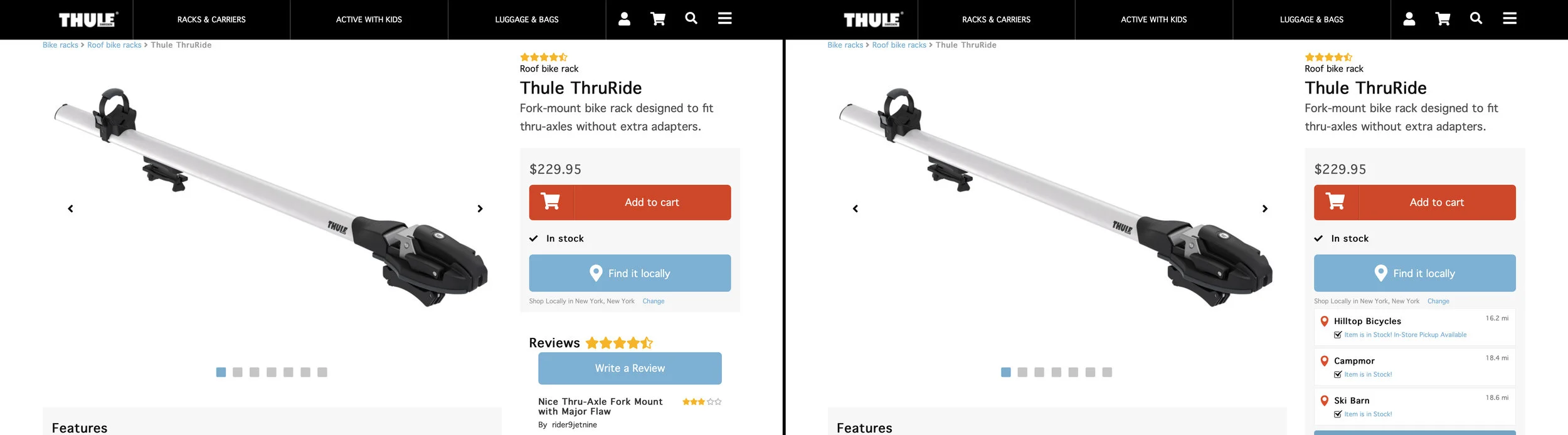 The “Find it locally” widget appears right beneath the “Add to Cart” button (L); What your shopper sees upon clicking the button (R).