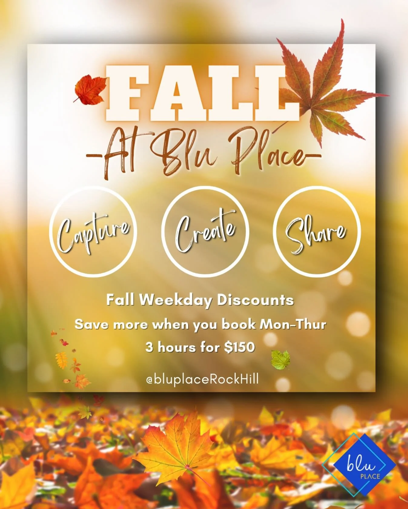 🍂Host your next workshop, lunch and learn, or team meeting with our Fall Weekday Specials.
 
Schedule a your soon to start planning your next event or content day.

#BluPlace #Meetingspace #CommunityatBlu #RockHill #YorkCounty