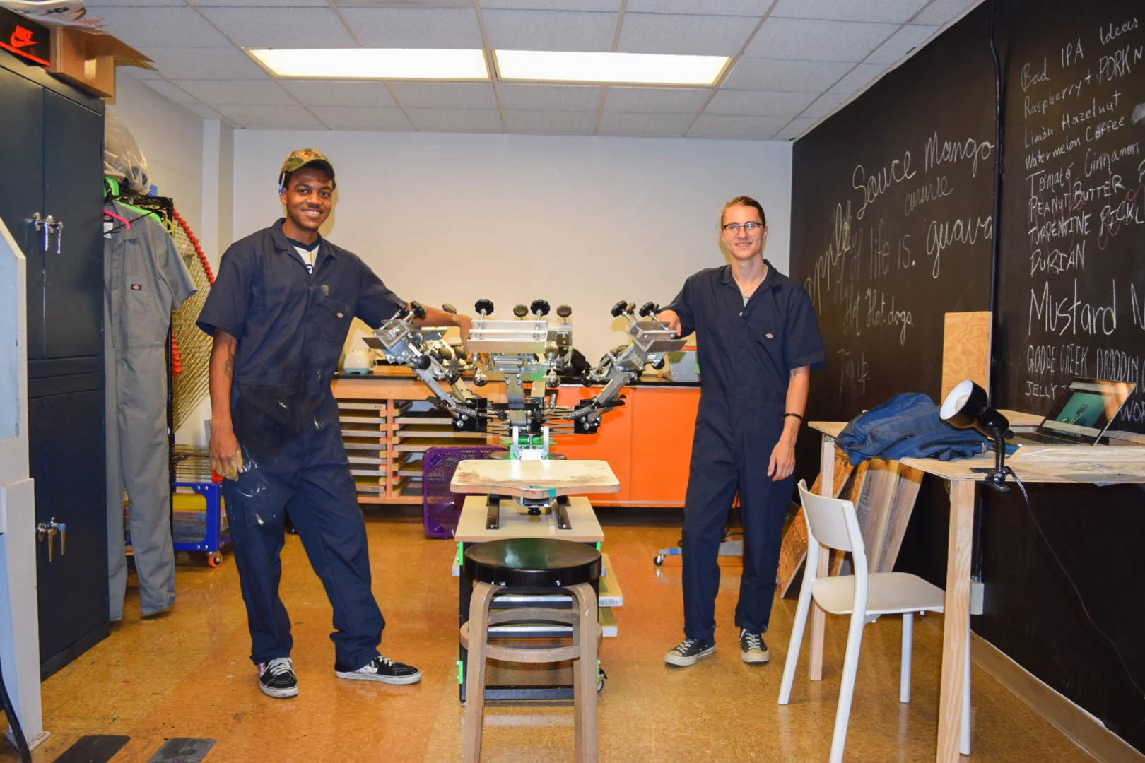 Cole Ritner, Pitzer ‘21 and Ellington Bramwell, Pomona ‘19 pose after finishing a screen printing workshop.
