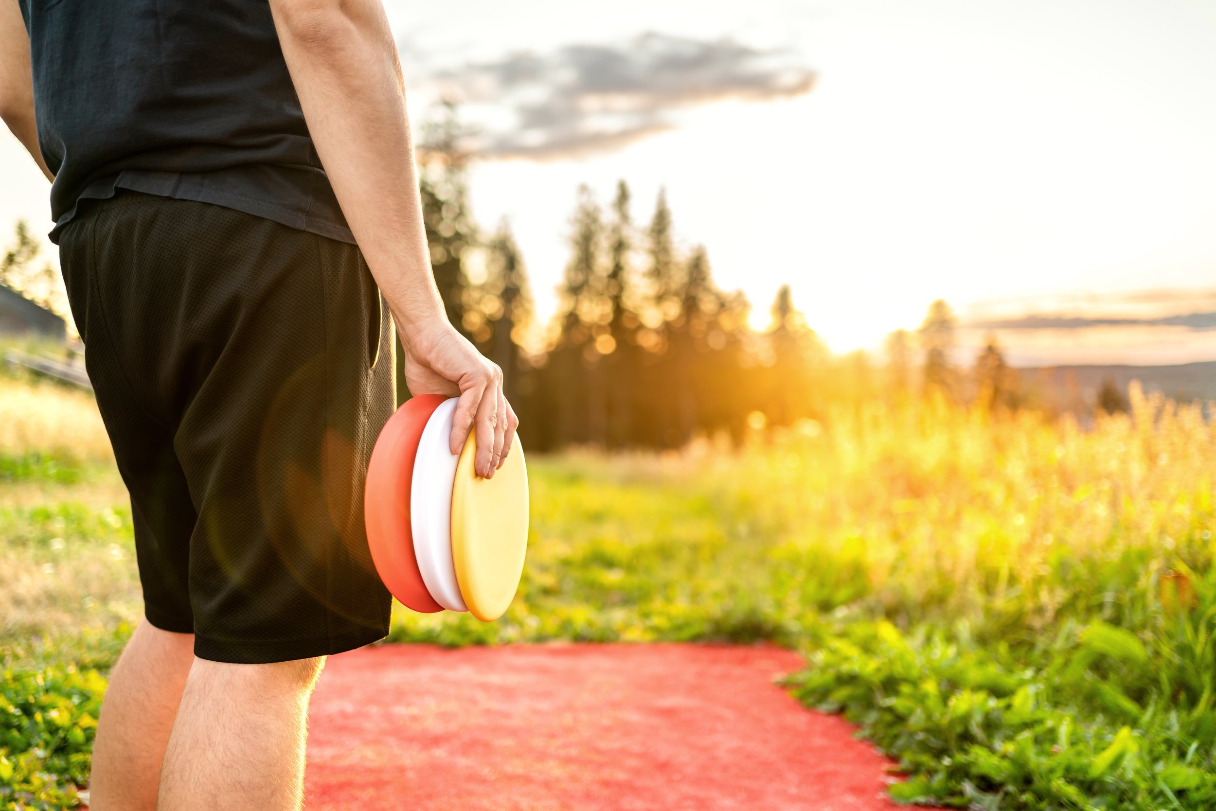 Disc golf in summer at sunset. Man with frisbee equipment in par