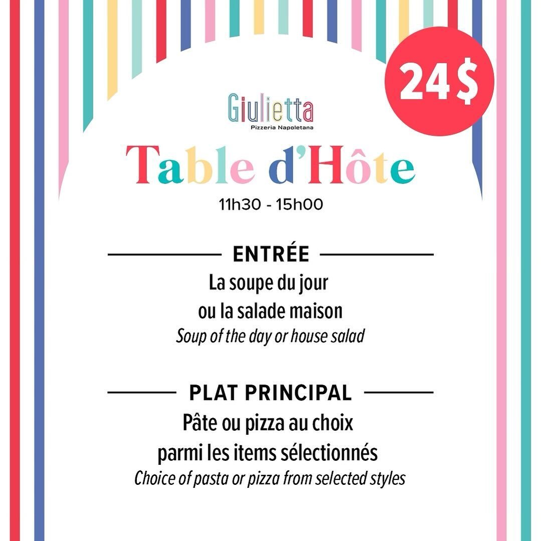 Experience a slice of Naples with our Table d&rsquo;H&ocirc;te lunch special! 

From 11:30 AM to 3 PM, Tuesday to Friday, enjoy a curated selection featuring our Soup of the Day or House Salad followed by your choice of pizza or pasta from selected s