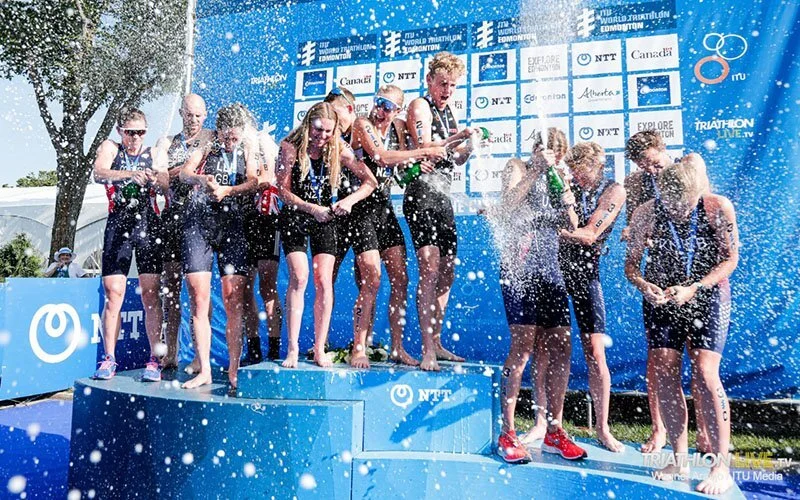 Morgan celebrating on the podium with Team USA.