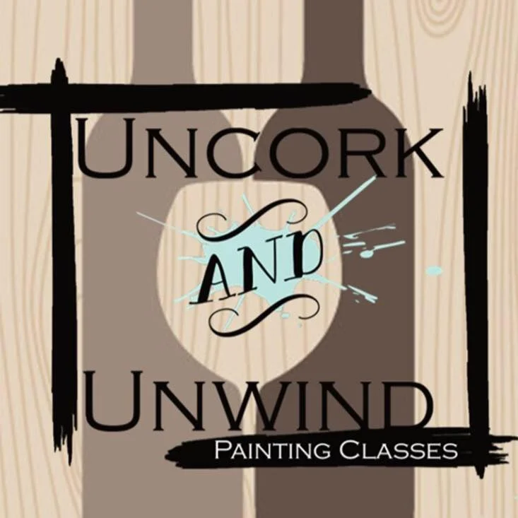 A sign for 'Uncork and Unwind' painting classes, featuring a wooden background with a wine bottle shape and paint splatters.