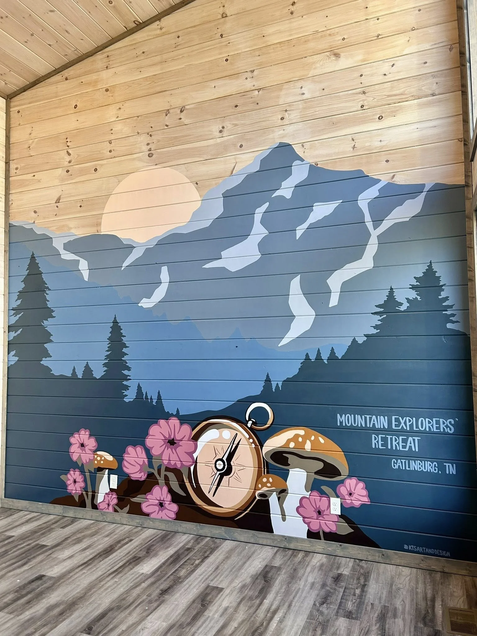 'Mountain Explorers Retreat Gatlinburg, TN.' Cabin Airbnb focal wall mural in a game room or their guests.
