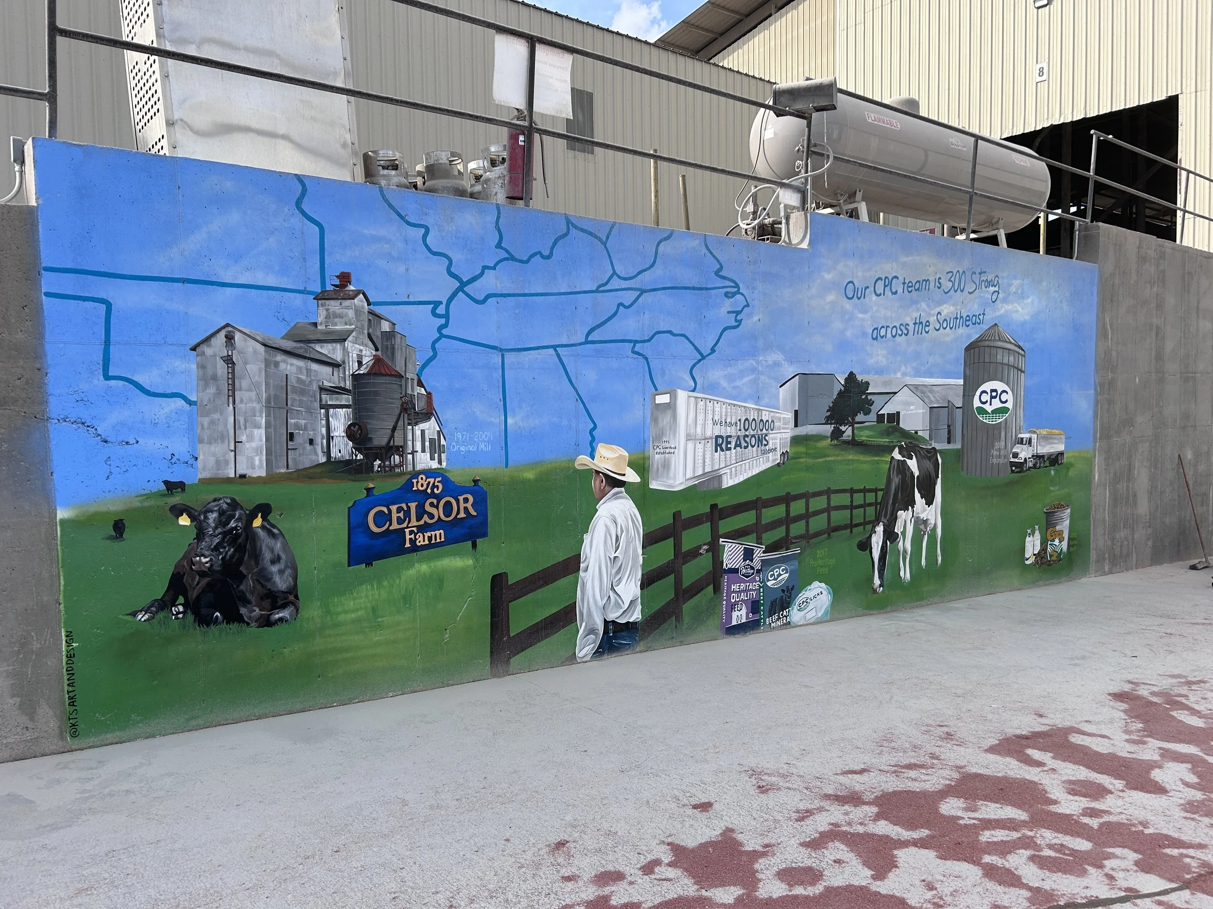 CPC Feeds wall mural, Fountain Run Kentucky. Hand Painted Mural, Farm Mural, Feed Mill mural