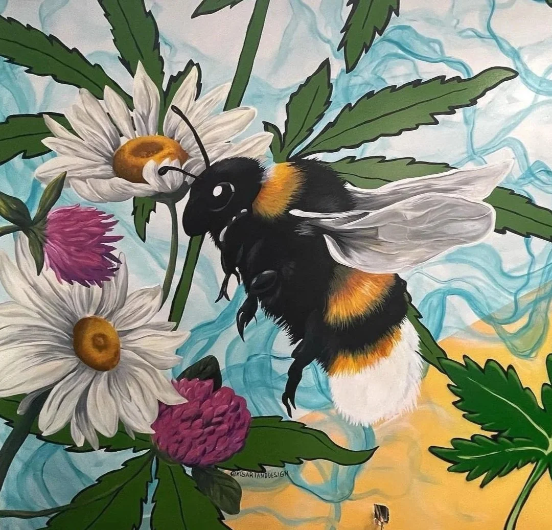 A colorful illustration of a bee with black, white, and orange fur collecting nectar from flowers, surrounded by green leaves and a background of blue, yellow, and orange hues.