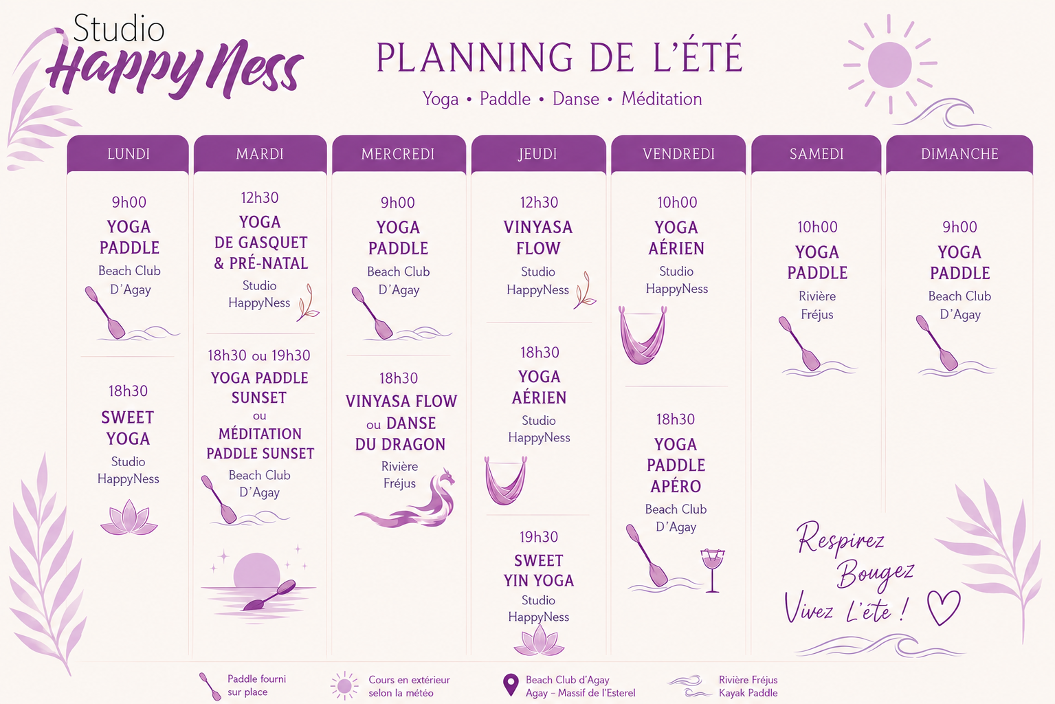 Planning été Fréjus St Raphaël yoga paddle, Vinyasa flow, yoga aérien