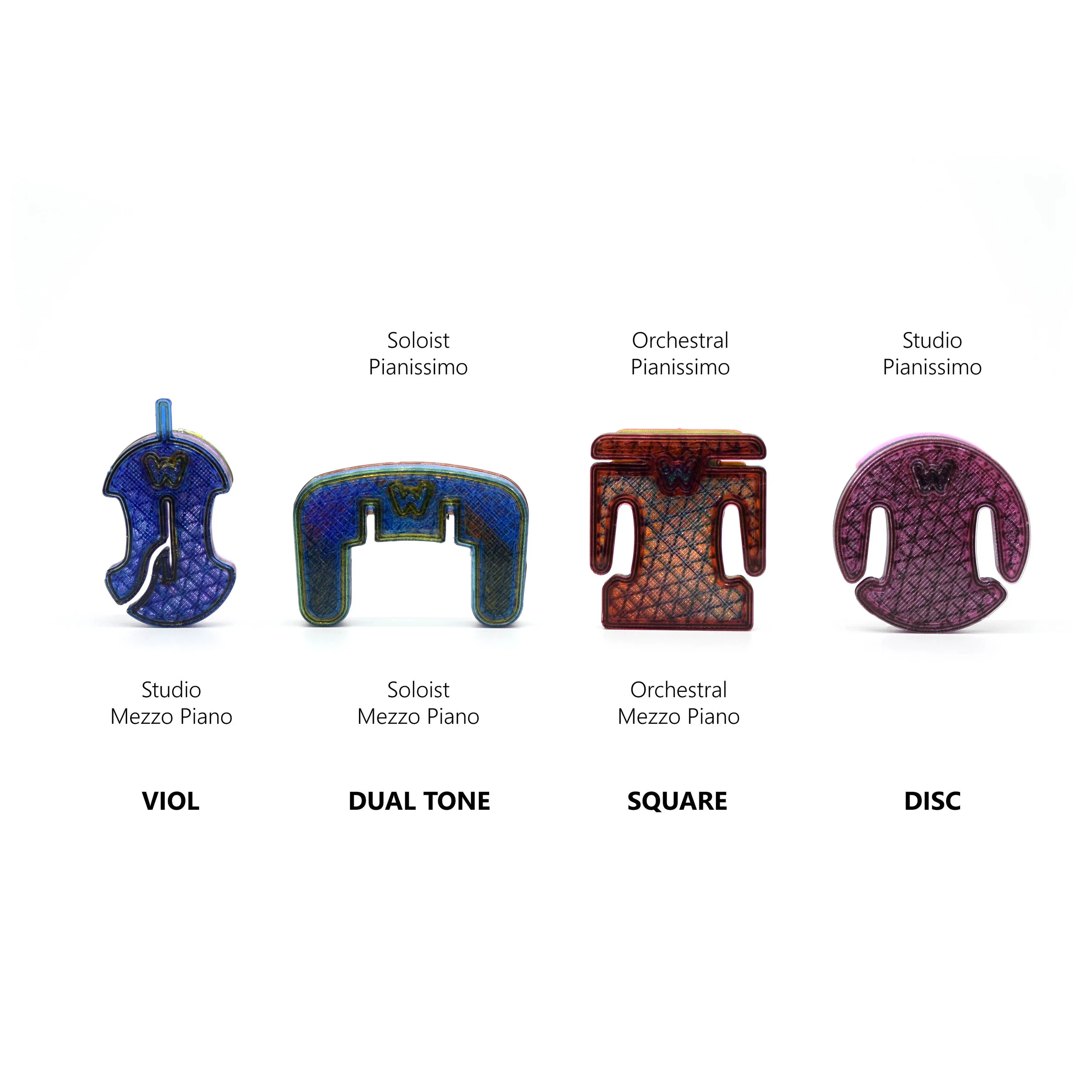 *Start by choosing one or more base models for customization. Specify up to 6 colors to be blended into your custom batch of mutes. 1-2 initials may be 3D-printed into the mute or a simple insignia. Some technical limitations apply. Acoustic effect and mute physical shape may be modified for an additional fee. All autograph mute sales are final.