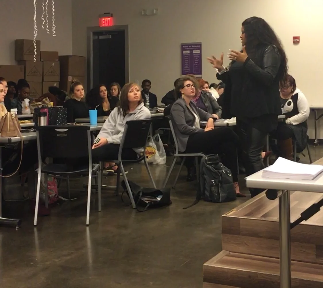 Jessica speaking to a class at a local cosmetology school...Columbia, SC