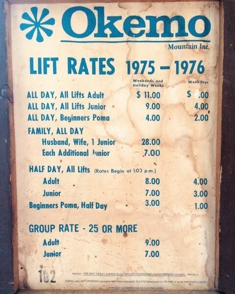 These ticket prices seem like a steal by today&rsquo;s standards! (one of the cool vintage signs in our collection) Take a walk down memory lane and visit the Museum Fri. - Sun. between 12 - 5. Please wear a mask.

#okemo #ludlowvt #liftticket #vinta