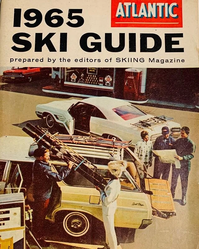 Everything about this cover photo is awesome: the cars, the ski racks, the fur hat, ski clothes, and not a snow bank in sight! a A little gem from our collection. #vintageskiing #retroski #skihistory #1965car #1965 #musemsmatter #skiguide #skifashion