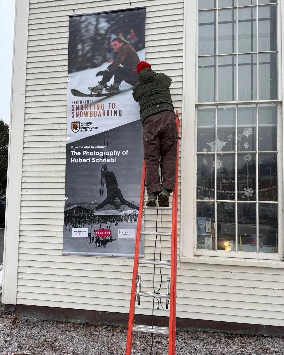 New exhibit banner installed today! We&rsquo;re putting the final touches on 2 new exhibits which open the day after Thanksgiving! OPENING PARTY Friday December 5th 5-7!  #snurfing #snowboarding #mountainphotography  #vermont #stowe @strattonresort @