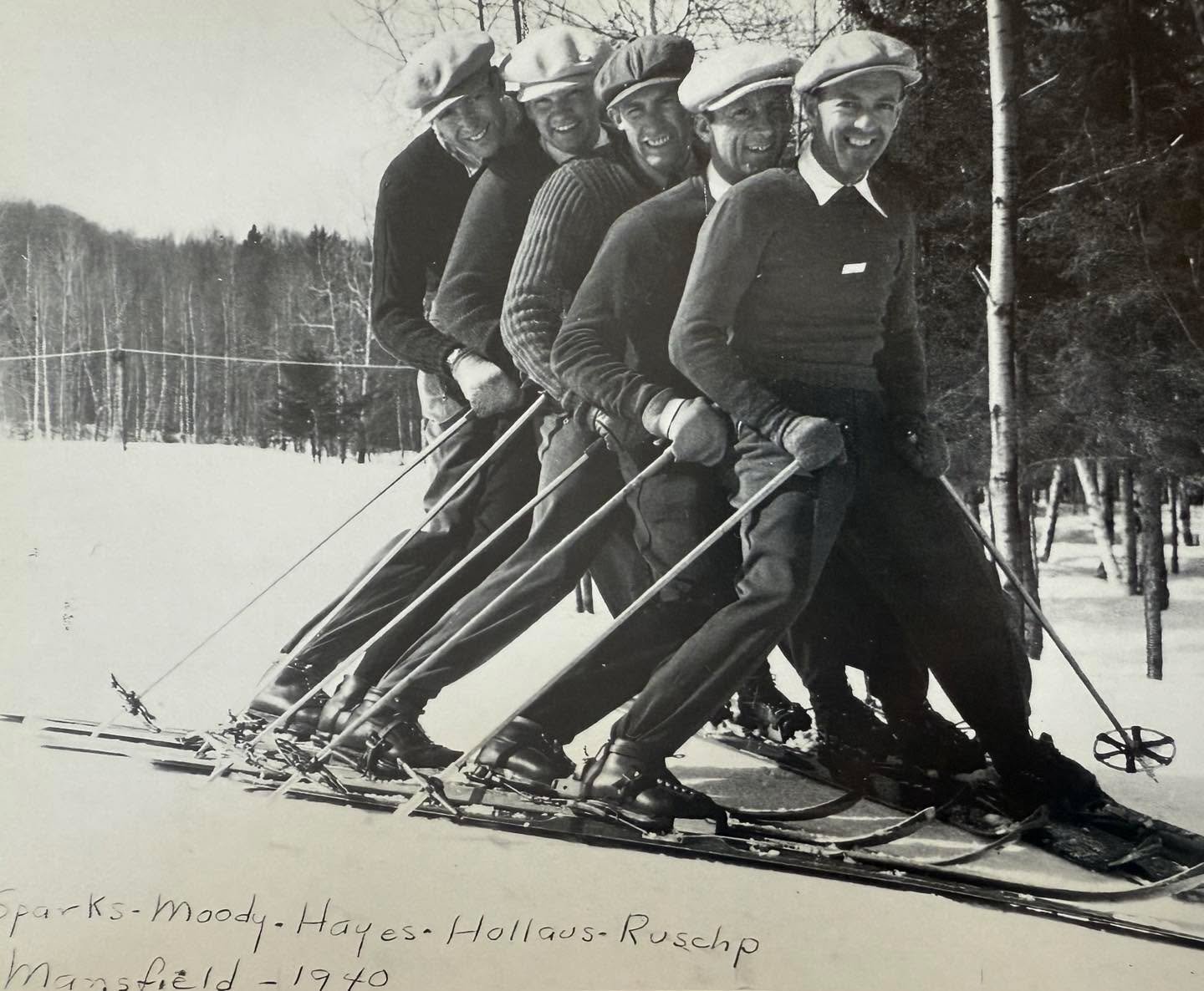 Sepp Ruschp, Stowe&rsquo;s first ski school director and his &ldquo;Fabulous Four&rdquo; - (LtoR) Kerr Sparks, Howard Moody, Lionel Hayes, Otto Hollaus with Sepp at the front. 1940.
.
#stowe #skischool #mtmansfield #retroski #vermont #winter #skiing 