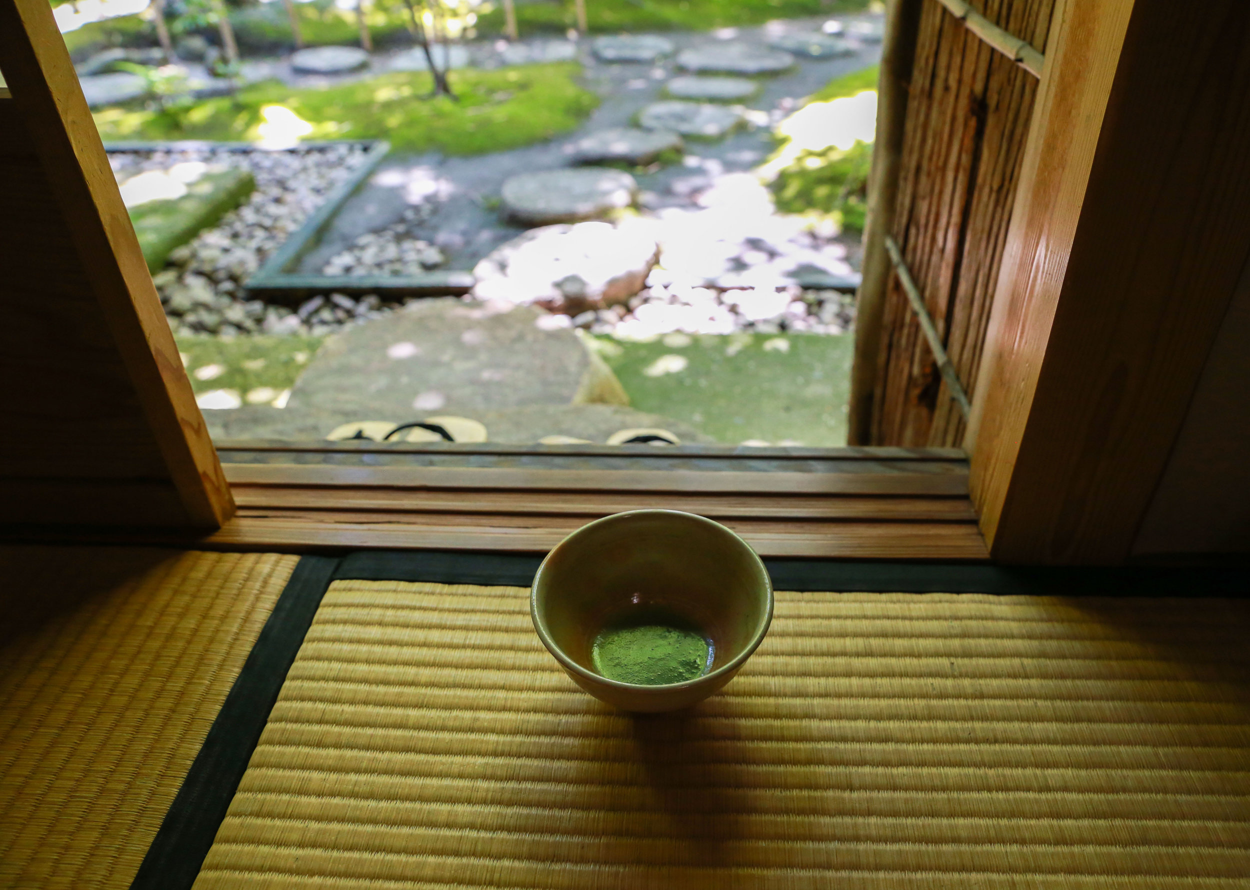  Matcha tea sits in a “chashitsu” or traditional tea room in the Rakusui-en used to greet visitors in tea ceremony in Fukuoka, Japan, June 22, 2018. 