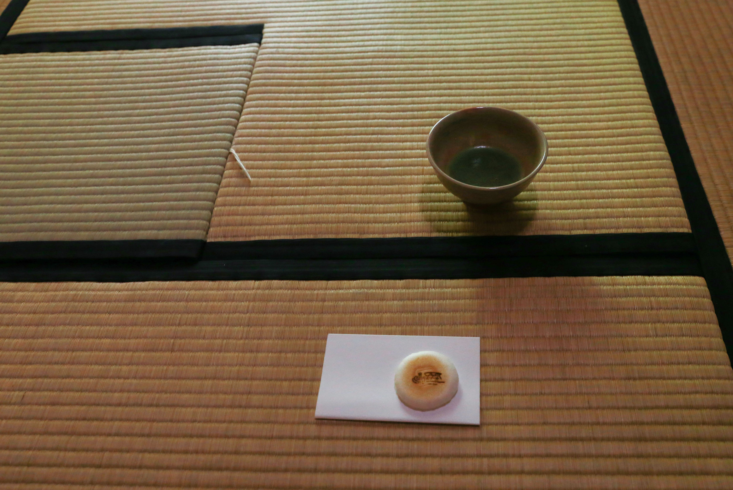  Fresh matcha tea and wagashi sit out in a tea room in Fukuoka, Japan, June 22, 2018. 