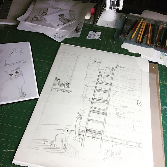here's the final drawing to final scale- 11 x 14" about to be transferred down on to watercolour paper.