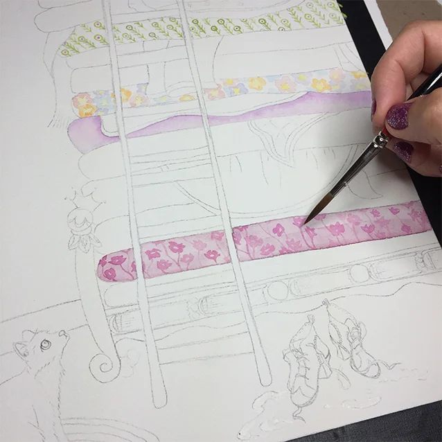 once i'd transferred my image (re-traced it down to the watercolour paper using transfer paper in-between the drawing and the final paper), i got to start my favourite bit: painting! you'll also see a little sheen in the puddles around the princess' boots. i used some masking fluid for raindrops in the windows, the kitty whiskers, and said puddle so that after all my painting, i'd have clean white-of-the-paper patches in those spots!