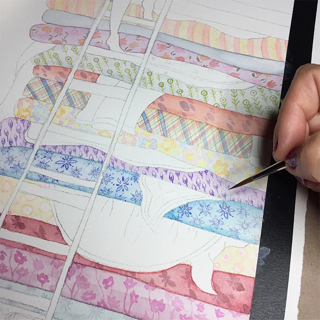 layers and layers of colors for each mattress pattern. patience waiting for the wet, thin gouache layers to soak in before adding more shapes or stripes was my challenge! otherwise all those edges would run. :/