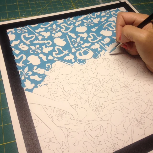 once my drawings are on the illustration board, i first fill in the background with all the same colour of paint.