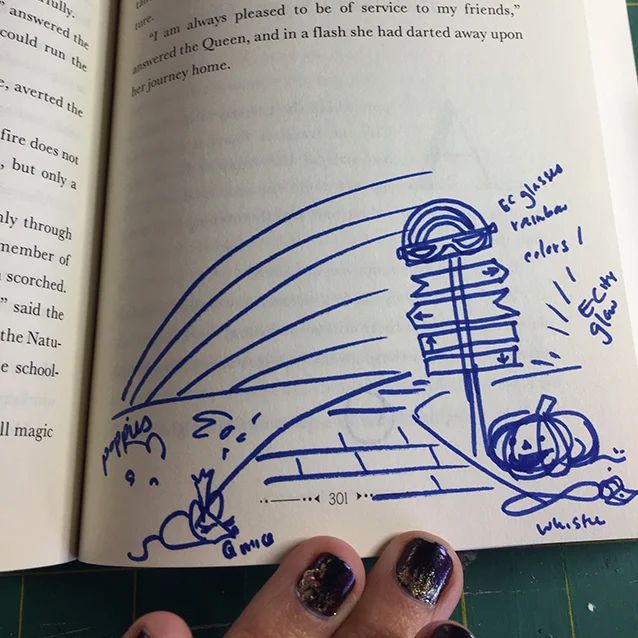 as i was making my way through all of baum’s original oz books (14 total, then more authors carried on after his passing), and sometimes when i’m reading, my brain explodes with concepts. so here is an early thumbnail in my research copy of just how much of the tales' details i wanted to fit in… oy vey. i’m glad we eventually found a way to simplify it…