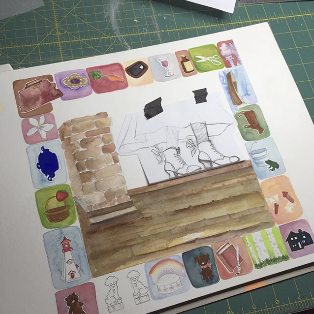 i wasn’t super happy with the first boots i’d drawn, so i re-did that portion of the painting. you see here my new sketch ready to transfer down onto the almost-all painted roof and background starting to come together…