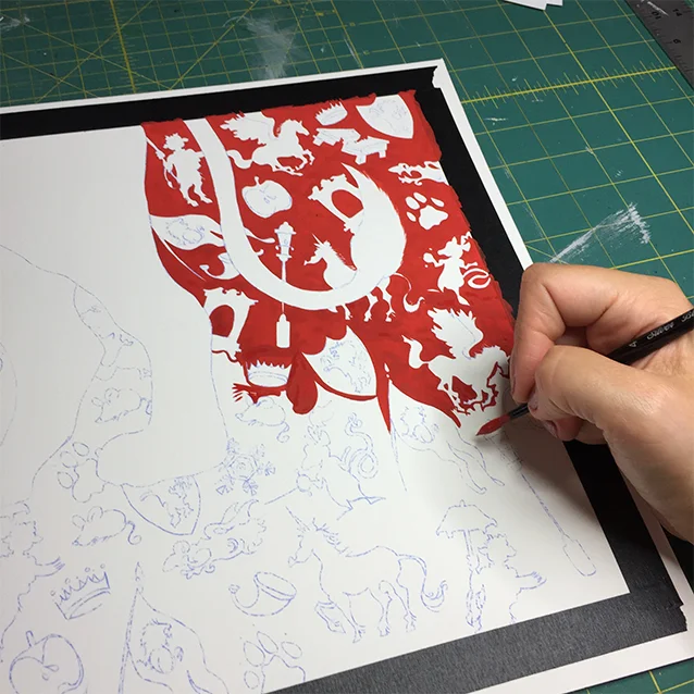 well before i paint the feet, and even before i paint the shapes, i mix up The Background Color…. and spend many, many hours painting around all the shapes to get a solid gouache covering for the painting.
