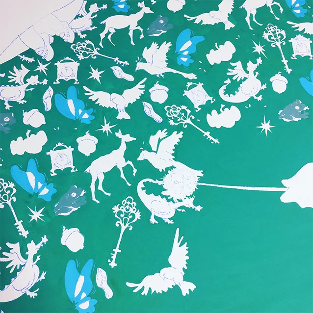 once the background colour is done, i’ll paint one color at a time… i started with the frogs, then a bit of the wings…