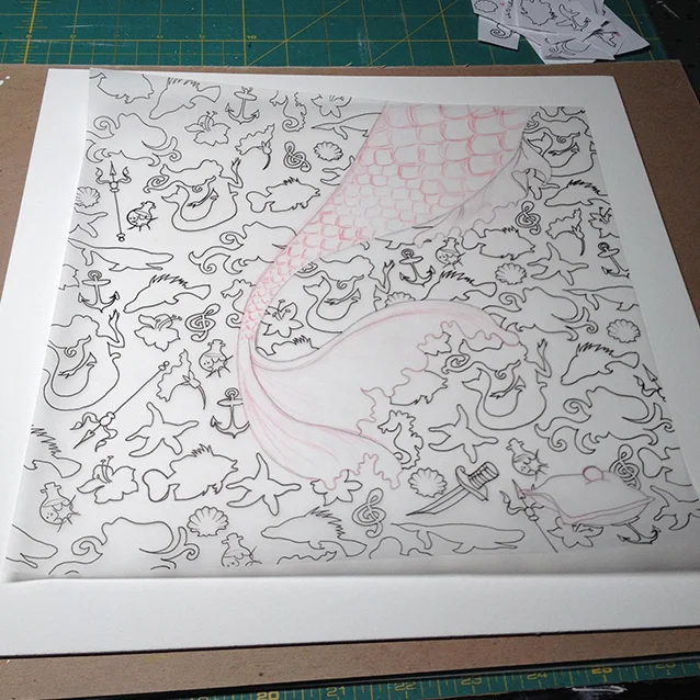 here’s the full background pattern once all the icons have been traced– ready to transfer to illustration board!