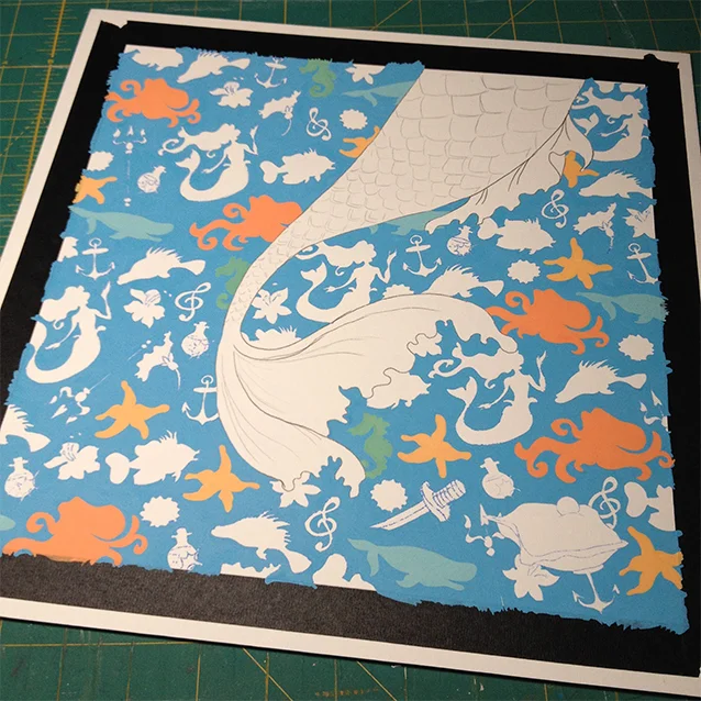background has been painted in & i’m starting to fill in the icons– once colour and shape at a time! (obsessed with those peach octopi!)