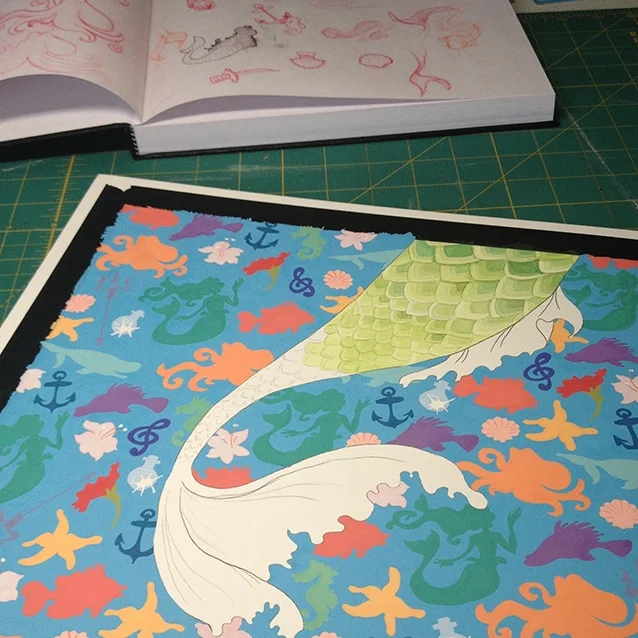 once the background was finished, i started painting the little mermaid’s tail. layers and layers of green to make the scales… so much fun!