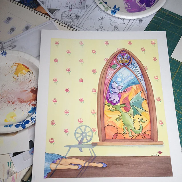 ta da! thankfully, after posting on social media, a wise sage of a faerie tale friend pointed out the spindle was missing. kinda integral to the plot. so it got added before framing at least…