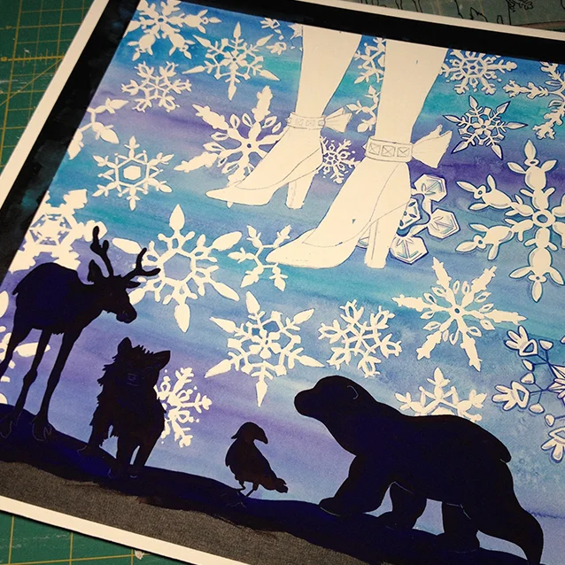 once the background was dry, i removed the resist and painted in the animal silhouettes. (in real life they are beautiful– subtle fur and variations of midnight blues and deepest purples.)