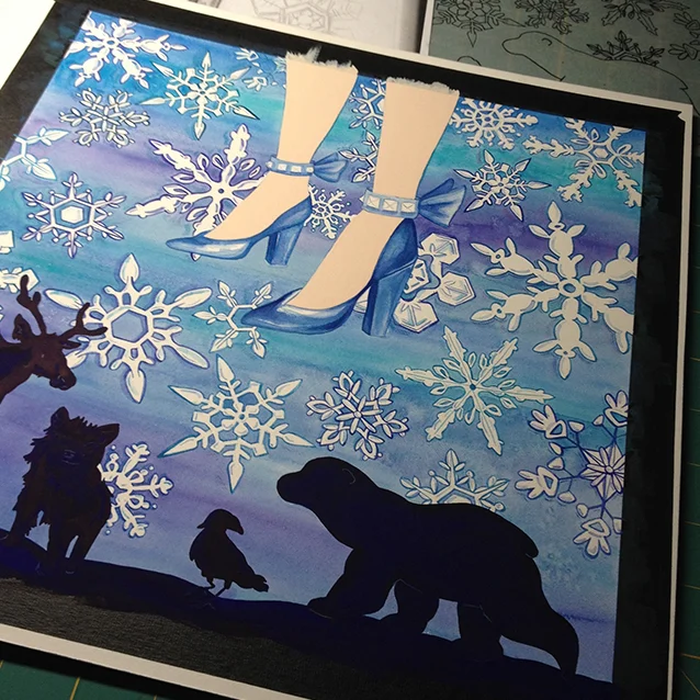 shoes are almost done here… and i added shadows and details to the snowflakes for depth and variety.