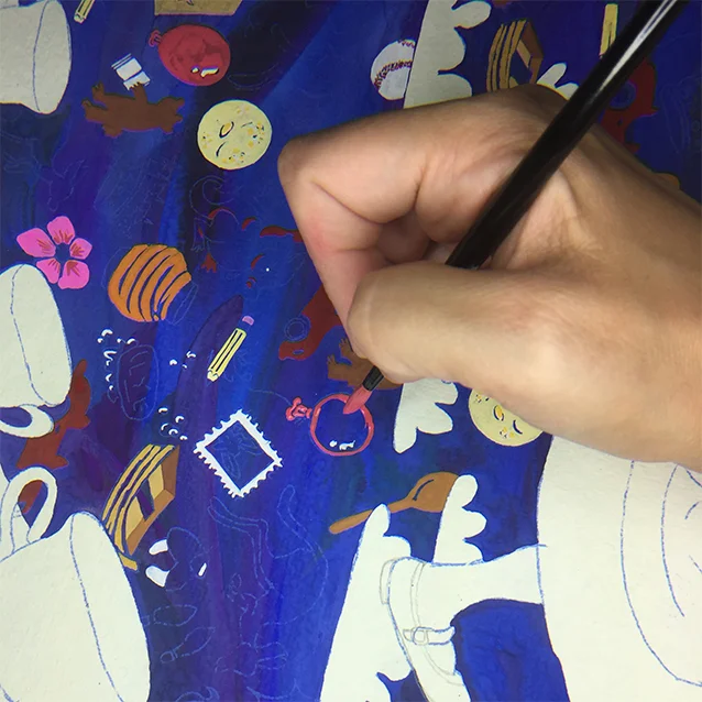 and i know it doesn’t translate in this photo, but the background blue was so bright and the colours i was painting on top were so vibrant, that through my magnifying lamp, the shapes were TOTALLY floating off the page. (i promise i wasn’t drinking anything stronger than coffee!!) it was just one of those miracles of colour theory. so know that at some point in the process, this painting was 3-d & floating! ;D