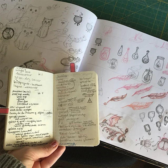 after getting to read all the books again & take notes about what pertains to our beloved & brave hermione, we start sketching the best shape for the icons relevant to HER story in the books.