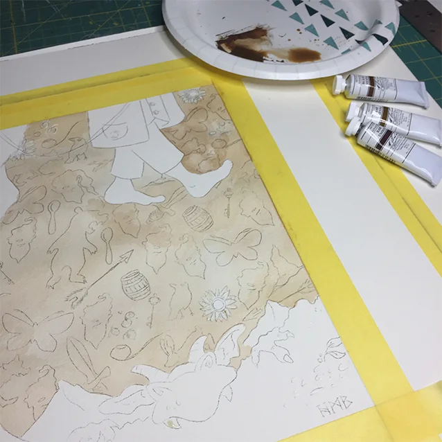 i decided to paint this piece on arches watercolour paper, so i began with a light brown wash (composed of three m. graham gouache colours) to give a cohesive underpainting to the pattern background. i mix my paints on paper plates so i can reuse the colours for other pieces and to go back when necessary to build up contrast.