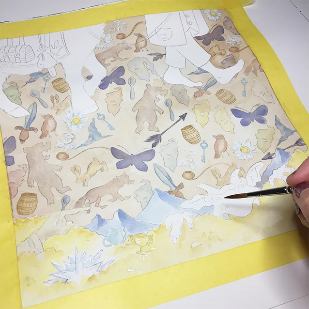 here’s a broader look at the piece as i try to work up the background shapes evenly, leaving bilbo, his pony, the arkenstone’s shine, and smaug for last.