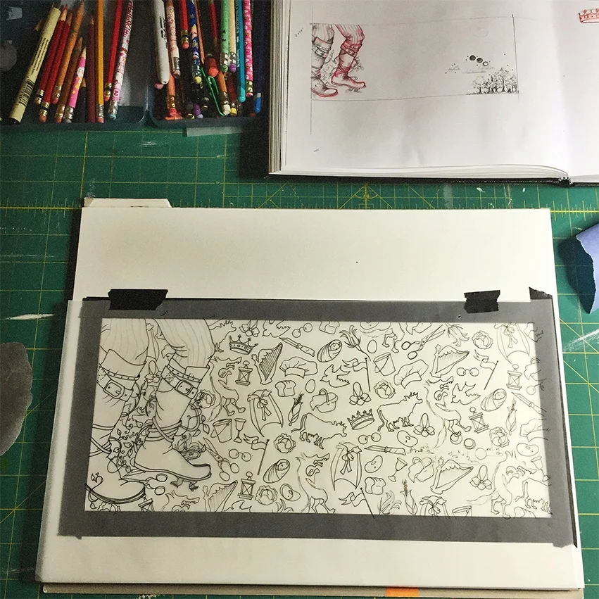 once all the icons were decided upon and the giant’s boots were drawn, i traced them onto tracing paper- and taped it on top of my watercolour paper.