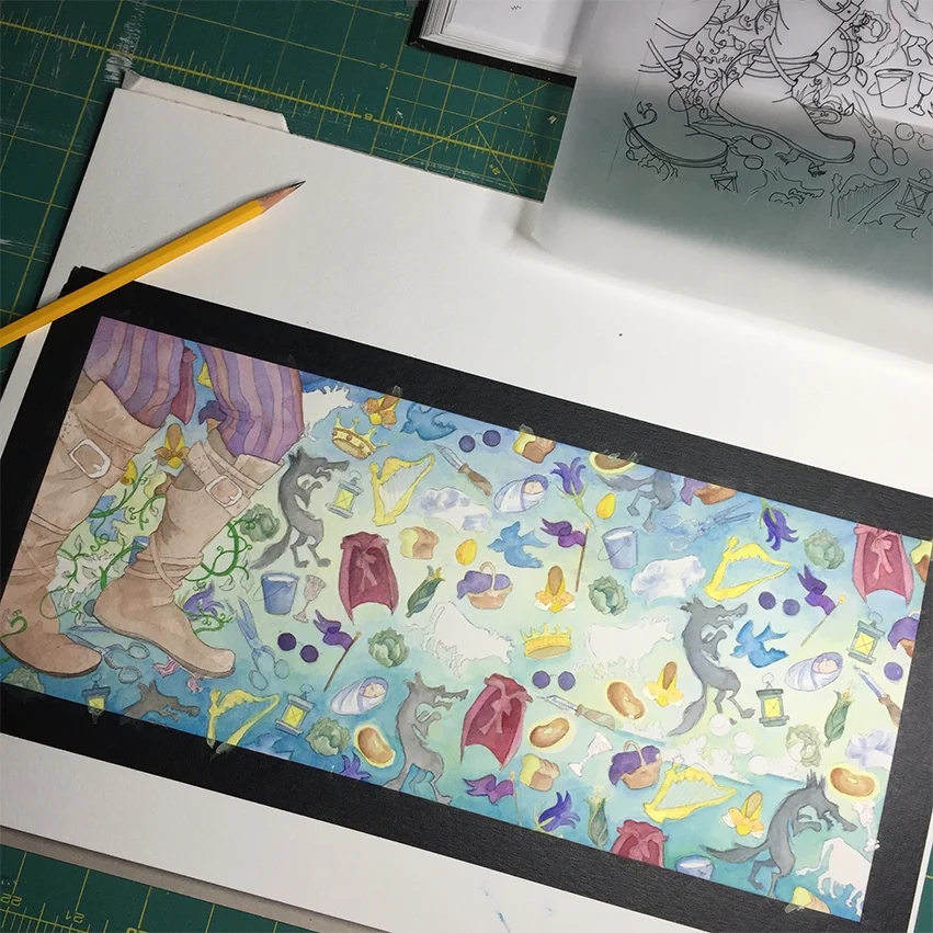 oh la la! first layer of colour is down! now we keep adding details and shading and adjusting washes and colours- and those boots have a ways to go before they’re done!