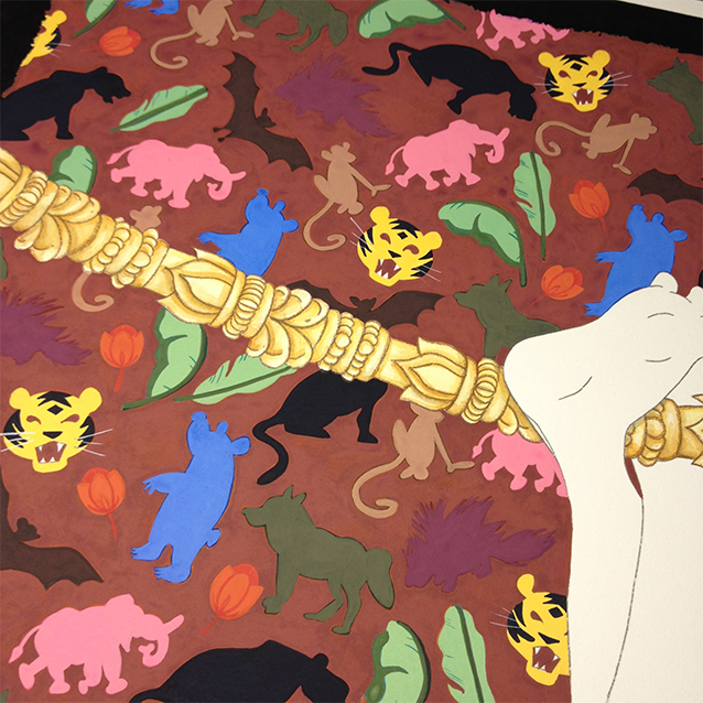 the rope i put mowgli hanging from is actually temple bells– integral to his adventures. but in real life, probably not the most comfy to hang by your ankles from. but that’s why it’s art!