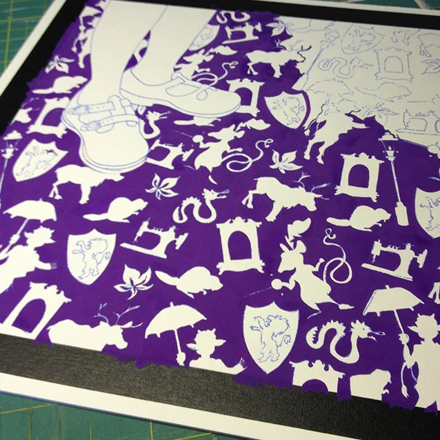 painting in the background with very purple gouache– painting around every single icon!