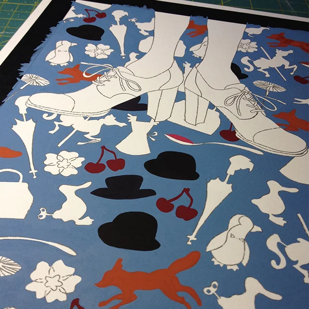 after the background is painted in solid, we start painting in each icon, one colour at a time!
