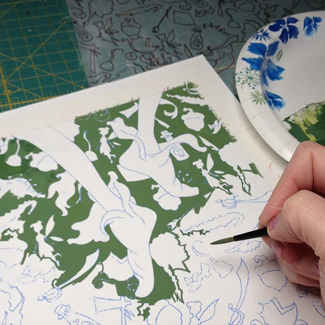 you gotta start somewhere… so we fill in the background with green gouache around all the icons and peter’s feet first…